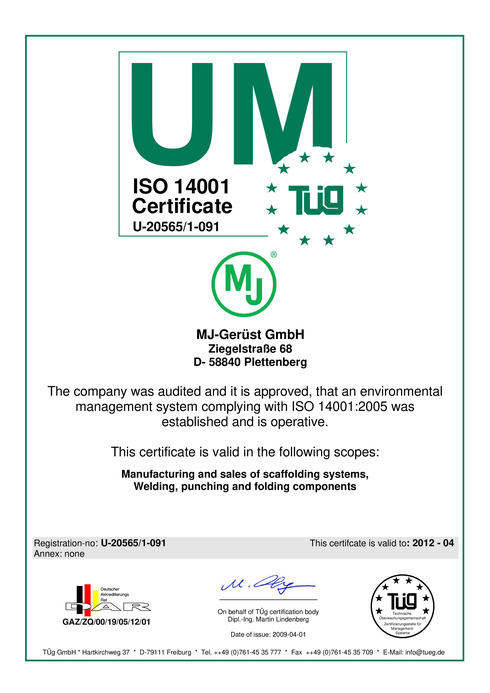 Сертификат соответствия ISO 14001 от компании MJ-GERUST